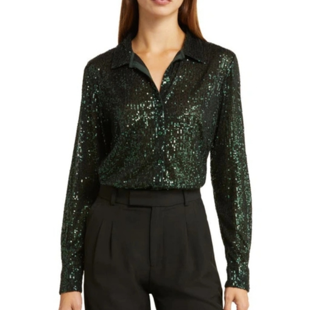 NWT Open Edit Green Sequin Button Up Shirt M